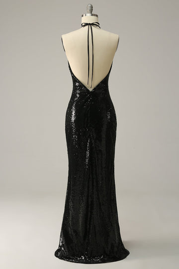 Sheath Halter Black Sequins Plus Size Ball Dress with Open Back